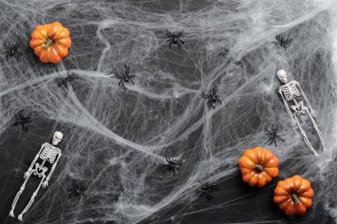 Cadılar Bayramı düz kompozisyon. Örümcek ağı, balkabakları, iskeletler, siyah arkaplandaki örümcekler. Cadılar Bayramı konseptiniz kutlu olsun..