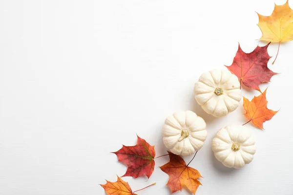 Kreatywna Kompozycja Kolorowych Liści Klonu Dyń Białym Tle Jesień Święto — Zdjęcie stockowe
