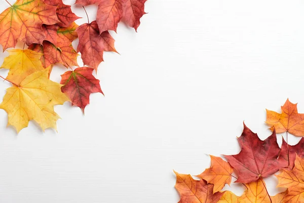 红色和黄色枫叶的秋天框架边界在白桌子上 秋天的背景秋天 感恩节 收获的概念 — 图库照片