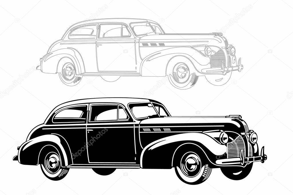 The car is a classic American. Monochrome execution. Silhouette. Map coloring.