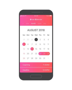 Akıllı takvim App kavramı Ağustos 2018 sayfa ile yapmak için liste ve görevleri vektör UI Ux tasarım Mockup cep telefonu için. Planlayıcısı uygulama şablonu için Smartphone