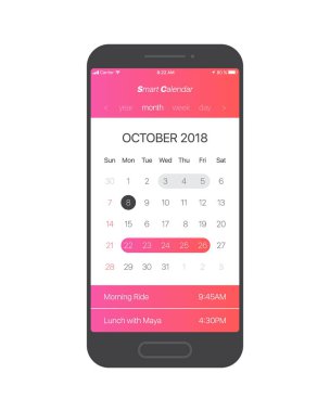 Akıllı takvim App kavramı Ekim 2018 sayfa ile yapmak için liste ve görevleri vektör UI Ux tasarım Mockup cep telefonu için. Planlayıcısı uygulama şablonu için Smartphone