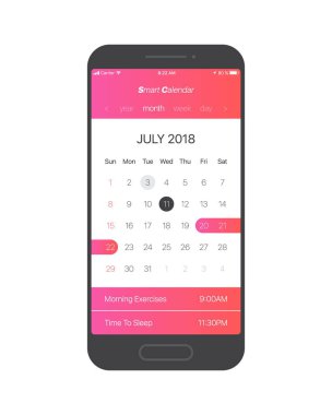Akıllı takvim App kavramı Temmuz 2018 sayfa ile yapmak için liste ve görevleri vektör UI Ux tasarım Mockup cep telefonu için. Planlayıcısı uygulama şablonu için Smartphone