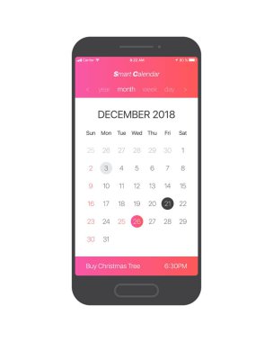 Akıllı takvim App kavramı Aralık 2018 sayfa ile yapmak için liste ve görevleri vektör UI Ux tasarım Mockup cep telefonu için. Planlayıcısı uygulama şablonu için Smartphone