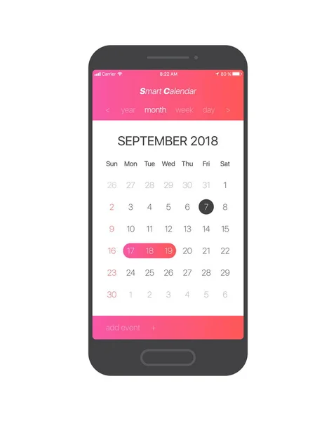 智能日历应用程序概念2018年9月页与做列表和任务矢量 设计样机为手机 智能手机规划器应用模板 — 图库矢量图片