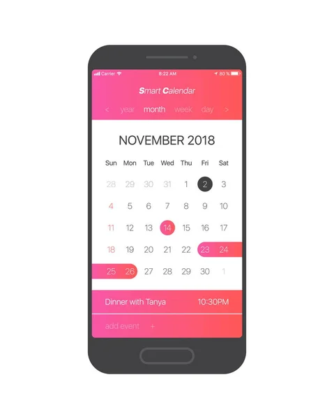 스마트 캘린더 App 2018 페이지를 디자인 전화에 스마트폰에 도우미 프로그램 — 스톡 벡터