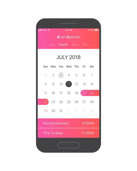 智能日历应用程序概念2018年7月页与做列表和任务矢量 设计样机为手机 智能手机规划器应用模板 — 图库矢量图片