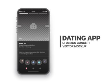 Siyah renk teması çerçevesiz akıllı telefon App kullanıcı arabirimi ve Ux alternatif moda kavramı vektör Mockup Dating cep yalıtılmış üzerinde beyaz arka plan ekran. Sosyal ağ tasarım şablonu