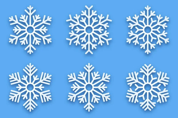 ベクトル Papercut 装飾的な手作りの雪は 明るい青の背景に分離ソフト ドロップ シャドウを設定します メリー クリスマスと幸せな新年の装飾デザイン要素 — ストックベクタ