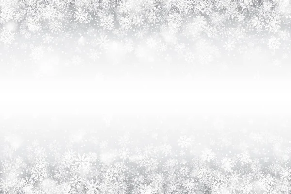 矢量冬季漩涡雪的影响与明亮的白色雪花和光在银色背景 圣诞快乐 新年快乐 新年快乐 窗户背垂上的冰冻冰 — 图库矢量图片