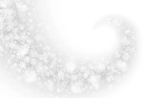 旋转的雪的效果与现实的透明矢量雪花和灯光覆盖在浅银色背景 白色圣诞假期插图 冬季冷冻冰3D 背景下 — 图库矢量图片