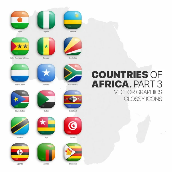 Afrikaanse landen vlaggen vector 3D Glanzende Pictogrammen set geïsoleerd op witte achtergrond Deel 3 — Stockvector
