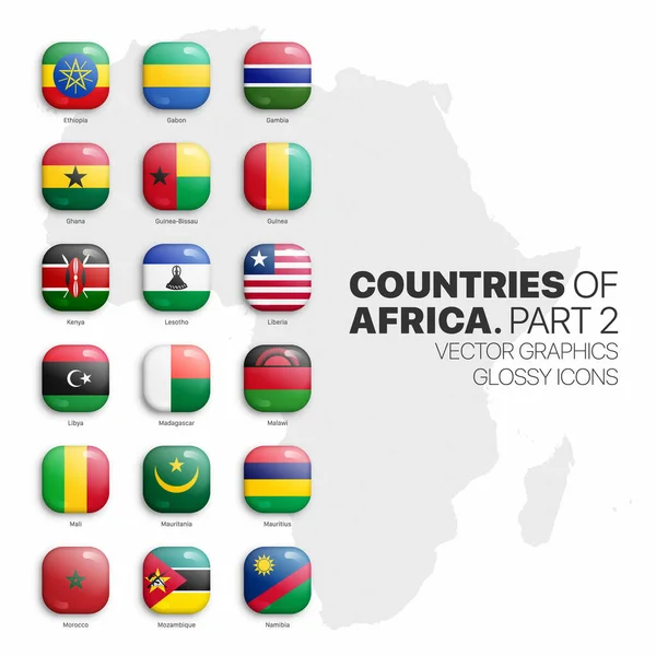 Afrikaanse landen vlaggen vector 3D Glanzende Pictogrammen set geïsoleerd op witte achtergrond Deel 2 — Stockvector