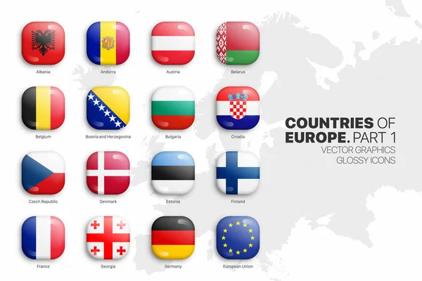 Países europeus Bandeiras Vector 3D Glossy Icons Set Isolado em fundo branco Parte 1 — Vetor de Stock