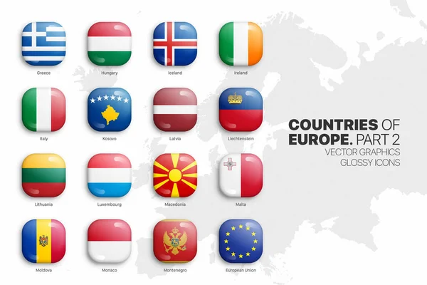 Países europeus Bandeiras Vector 3D Glossy Icons Set Isolado em fundo branco Parte 2 — Vetor de Stock