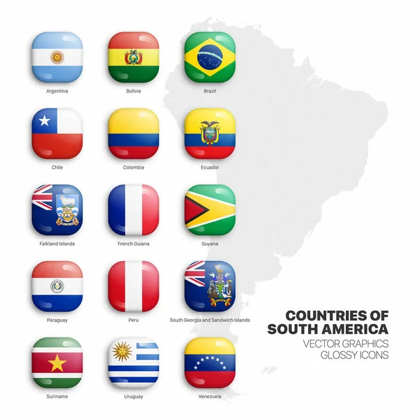 South America Countries Flags Vector 3D Glossy Icons Set Isolated On White Background — Stock Vector
