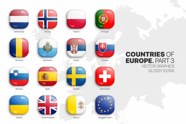 Los países europeos banderas Vector 3D iconos brillantes conjunto aislado sobre fondo blanco Parte 3 — Vector de stock