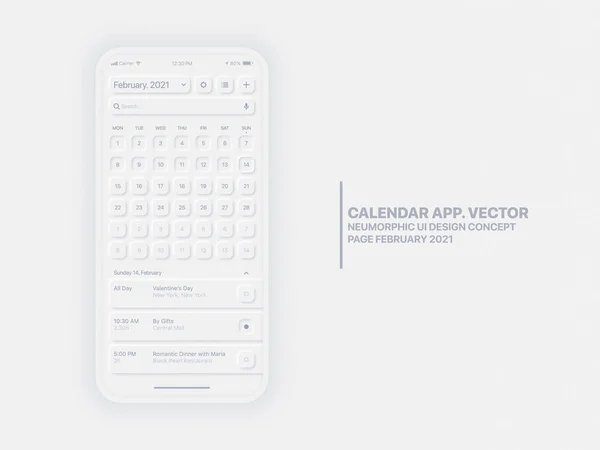 Vector Calendar App February 2021 UI UX Neumorphic Design Mockup — 스톡 벡터