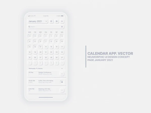 Vector Calendar App January 2021 UI UX Neumorphic Design Mockup — 스톡 벡터