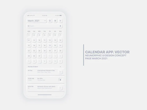 Vector Kalender App Maart 2021 UI UX Neumorphic Design Mockup — Stockvector