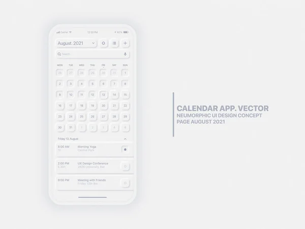 Vector Calendar App August 2021 UI UX Neumorphic Design Mockup — 스톡 벡터