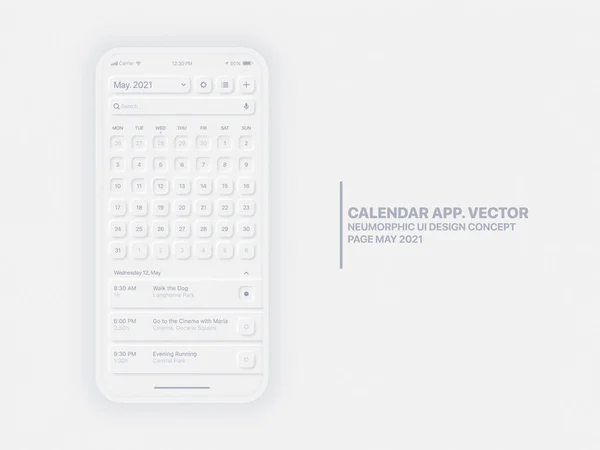 Aplicativo de calendário vetorial Maio 2021 UI UX Design neumórfico Mockup — Vetor de Stock