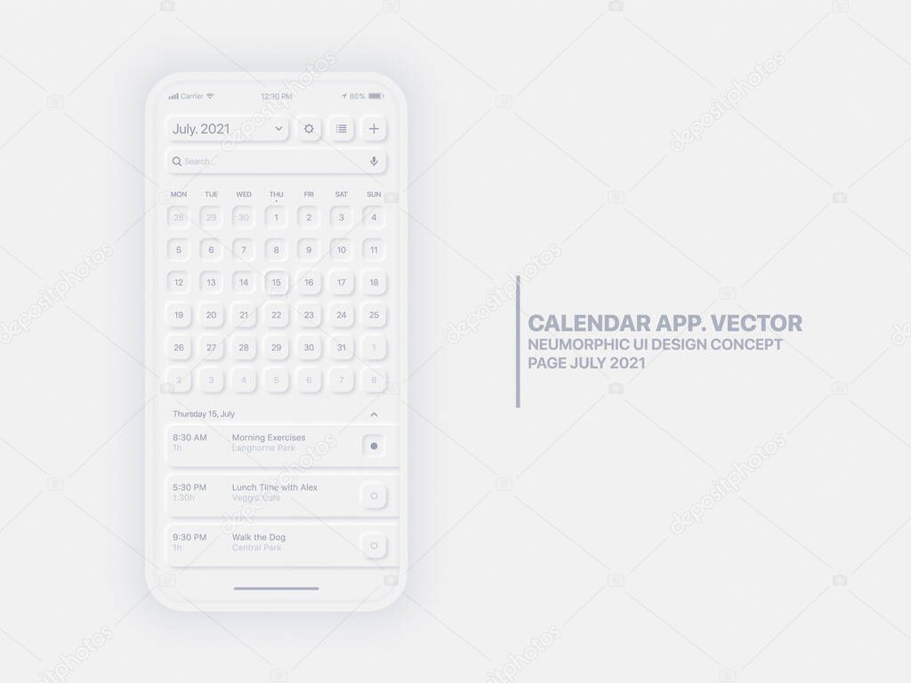 Vector Calendar App July 2021 UI UX Neumorphic Design Mockup