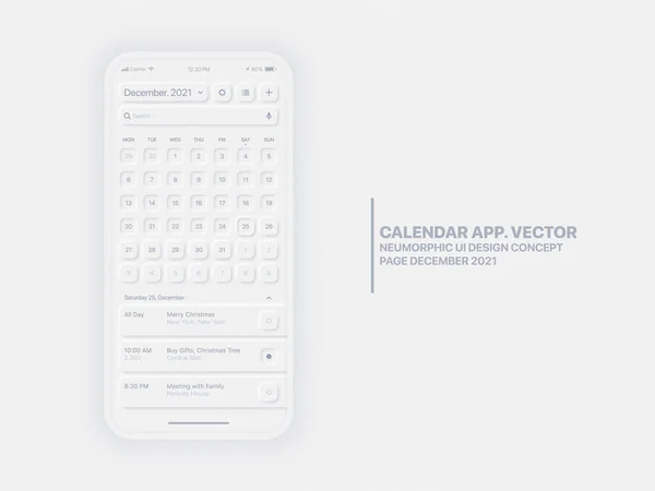 Vector Kalender App December 2021 UI UX Neumorphic Design Mockup — Stockvector