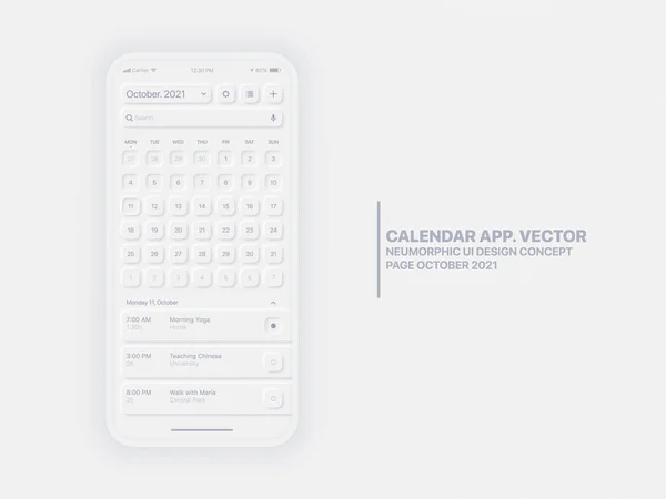 Vector Calendar App October 2021 UI UX Neumorphic Design Mockup — 스톡 벡터
