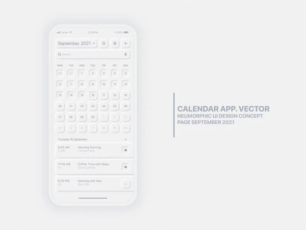 Vector Kalender App september 2021 UI UX Neumorphic Design Mockup — Stockvector