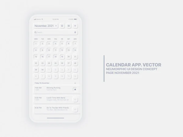 Vector Calendar App November 2021 UI UX Neumorphic Design Mockup — 스톡 벡터