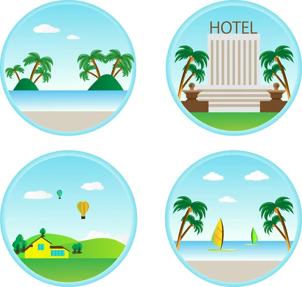 Tourism Pin Hotel Sulla Spiaggia Collina Tramonto — Vettoriale Stock