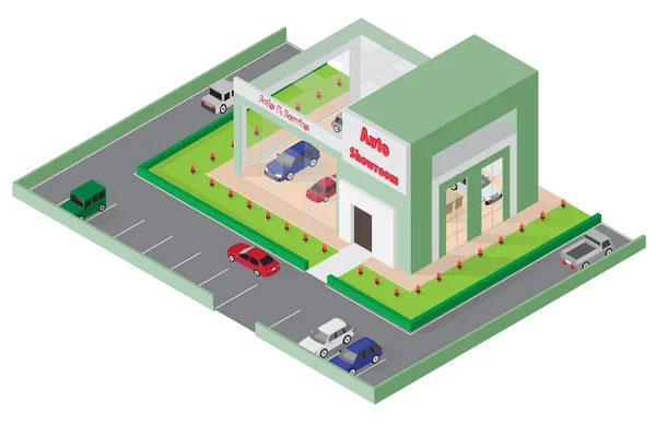 Isométrique Car Store Showroom Service Icône Bâtiment — Image vectorielle