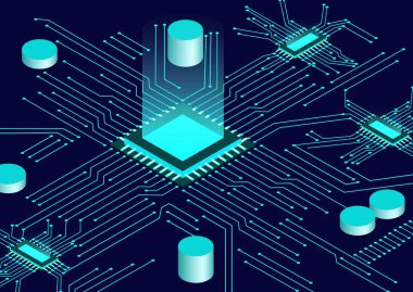 CPU chip ve devre kartı izometrik arka plan