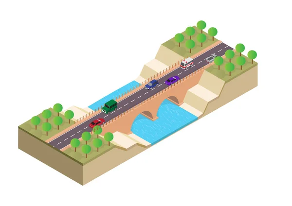 Pont isométrique sur la rivière — Image vectorielle