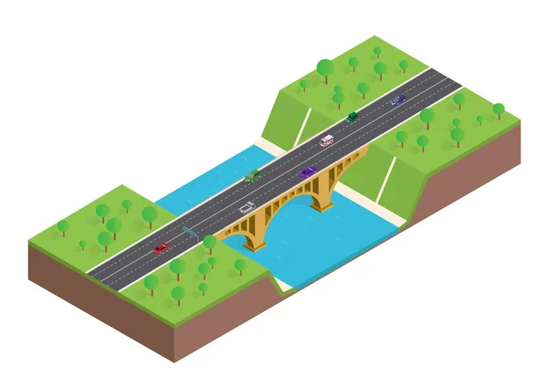 Isometric bridge over the river with car and trees — Stock Vector