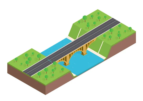 Izometrické most přes řeku stromy — Stockový vektor