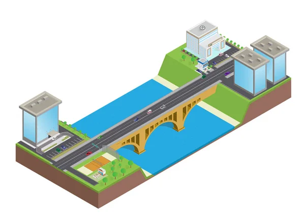 Autopista isométrica en el puente sobre el río — Vector de stock