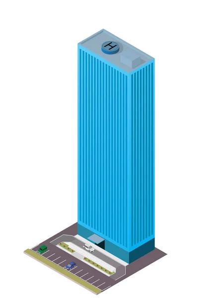 Isometric gratte-ciel moderne avec voiture et parking — Image vectorielle