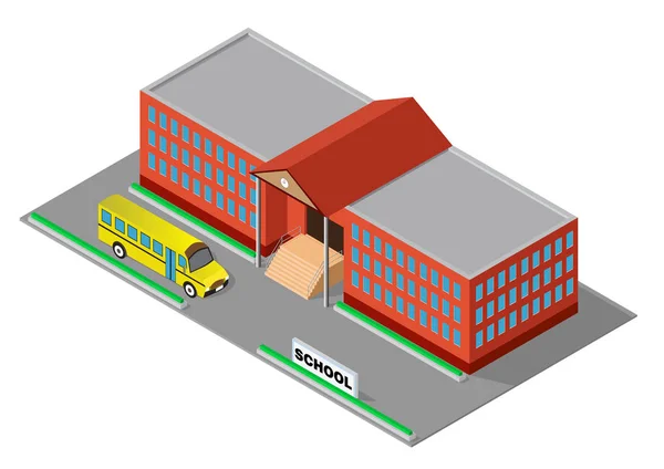 Edificio isométrico de la escuela roja con autobús escolar — Vector de stock