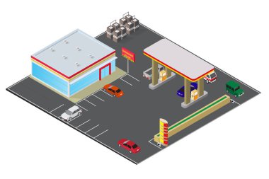 izometrik benzin istasyonu, benzin istasyonu, yakıt pompası, Araba, dükkan, petrol istasyonu, benzin. Mini Market
