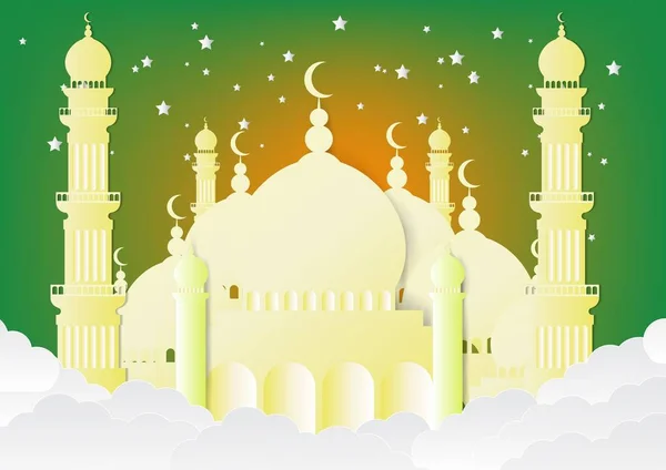 Papel cortado mezquita, ramadán kareem fondo — Vector de stock