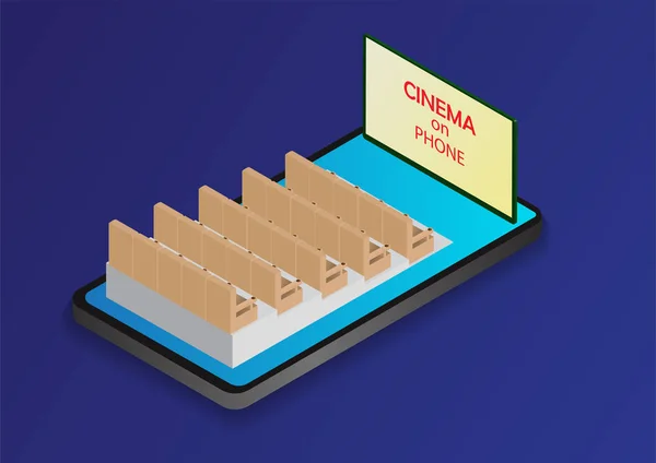 Isometrische online cinema op de telefoon geïsoleerd op blauwe achtergrond — Stockvector