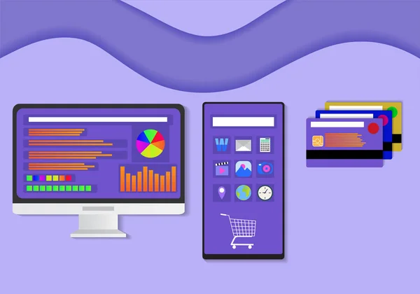 Diseño plano de monitor, teléfono inteligente y tarjeta de crédito — Archivo Imágenes Vectoriales