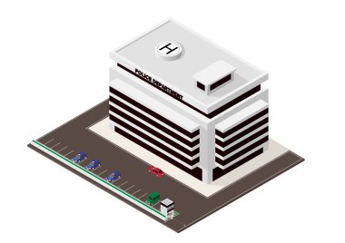 Vektör izometrik bina Emniyet Müdürlüğü Polis ve polis araba ile