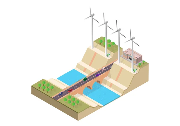 Isometrische brug en windmolen — Stockvector