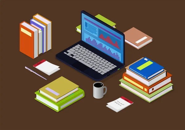 Isometrische stapel boeken met laptop, koffie en pen — Stockvector