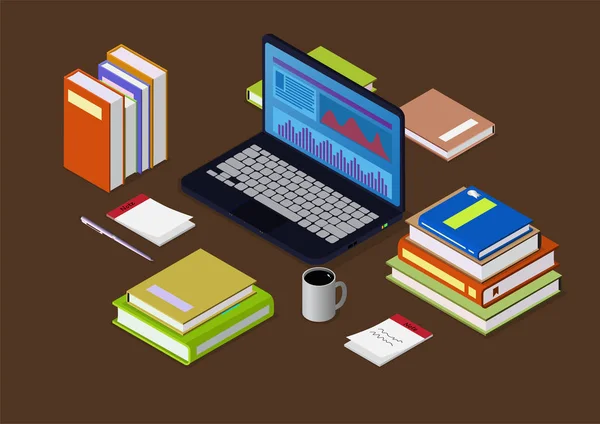 Pila isométrica de libros con computadora portátil, café y pluma — Vector de stock