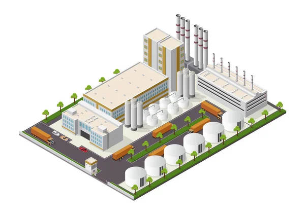 Isométrica Composición de los edificios industriales con vistas a las instalaciones — Vector de stock