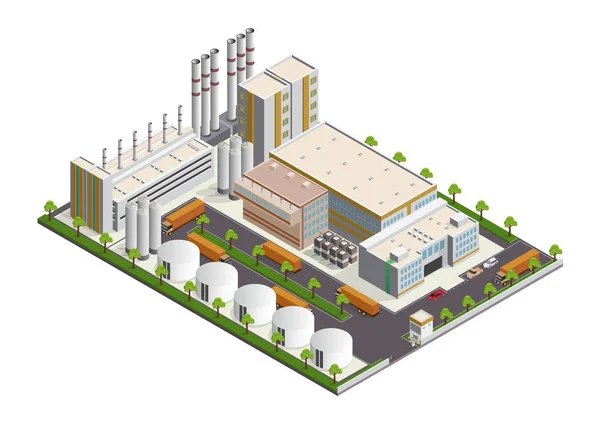 Composição de edifícios industriais isométricos com vista para as instalações — Vetor de Stock